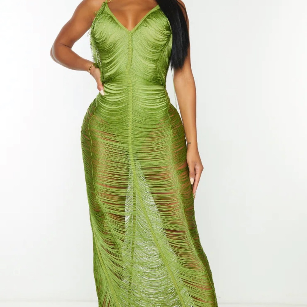 PrettyLittleThing Shape Olive Fringe Detail Midaxi Dress. Size 4